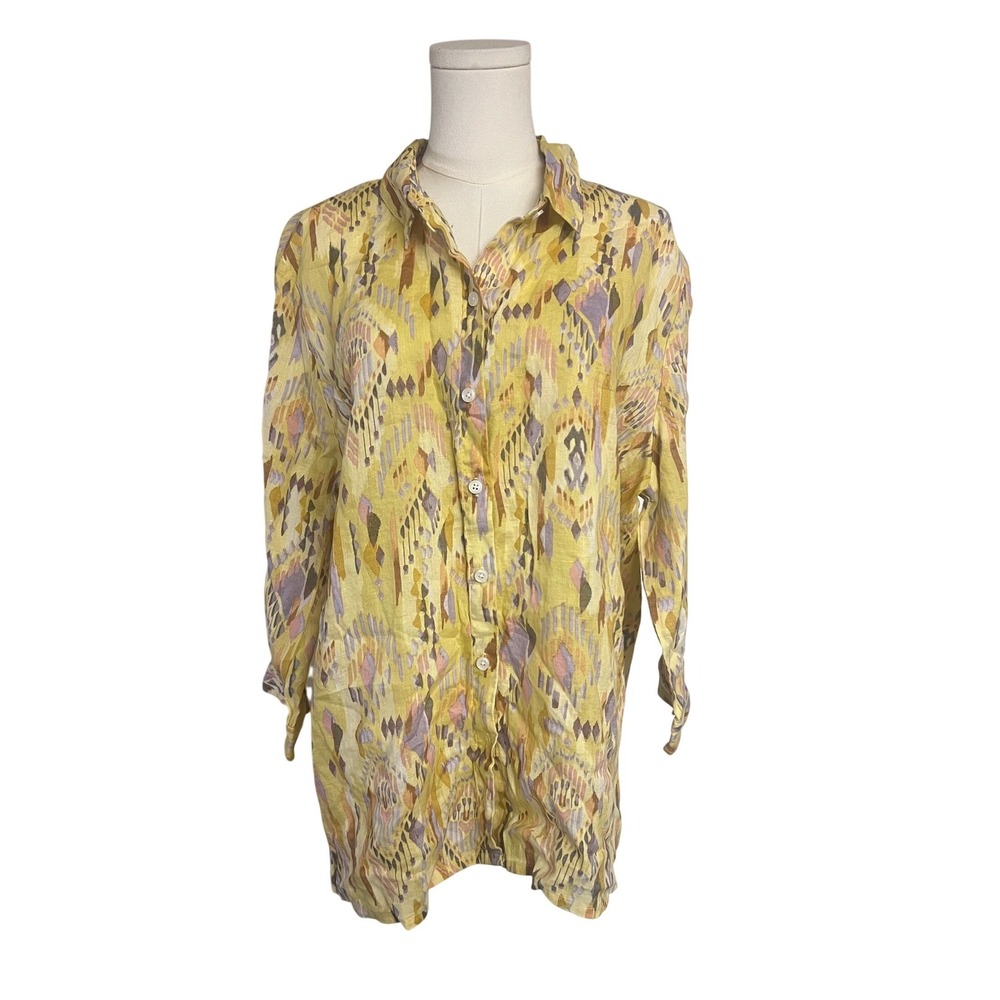 Coldwater Creek Womens XL Yellow Ikat Linen Button Up Shirt 3/4 Sleeve Tribal